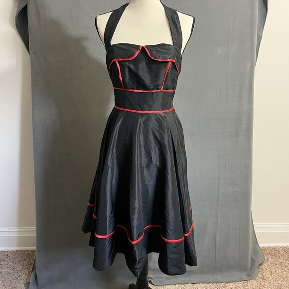 Rockabilly Pinup Halter Dress Small Black Red Trim Satin Feel - Picture 1 of 9